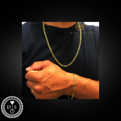 Combinação de corrente e pulseira masculina de aço inoxidável dourado