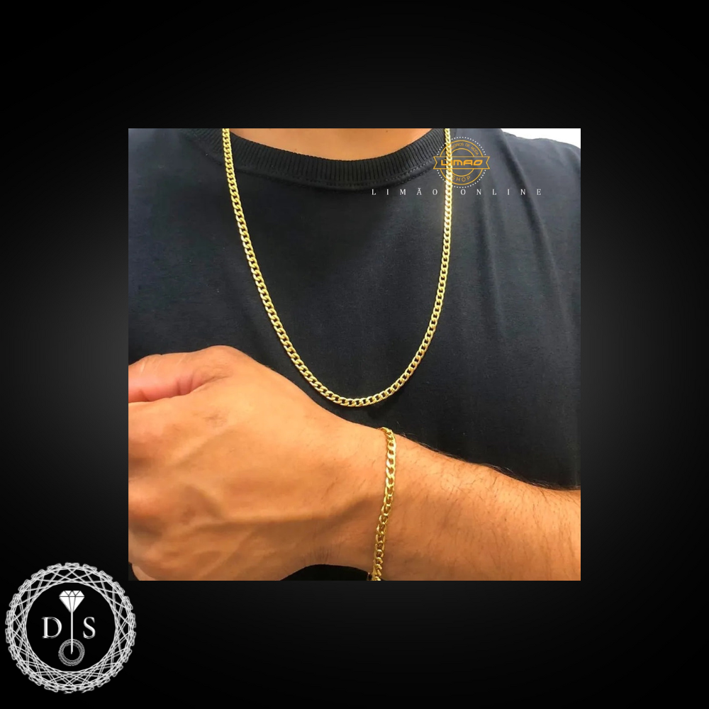 Combinação de corrente e pulseira masculina de aço inoxidável dourado